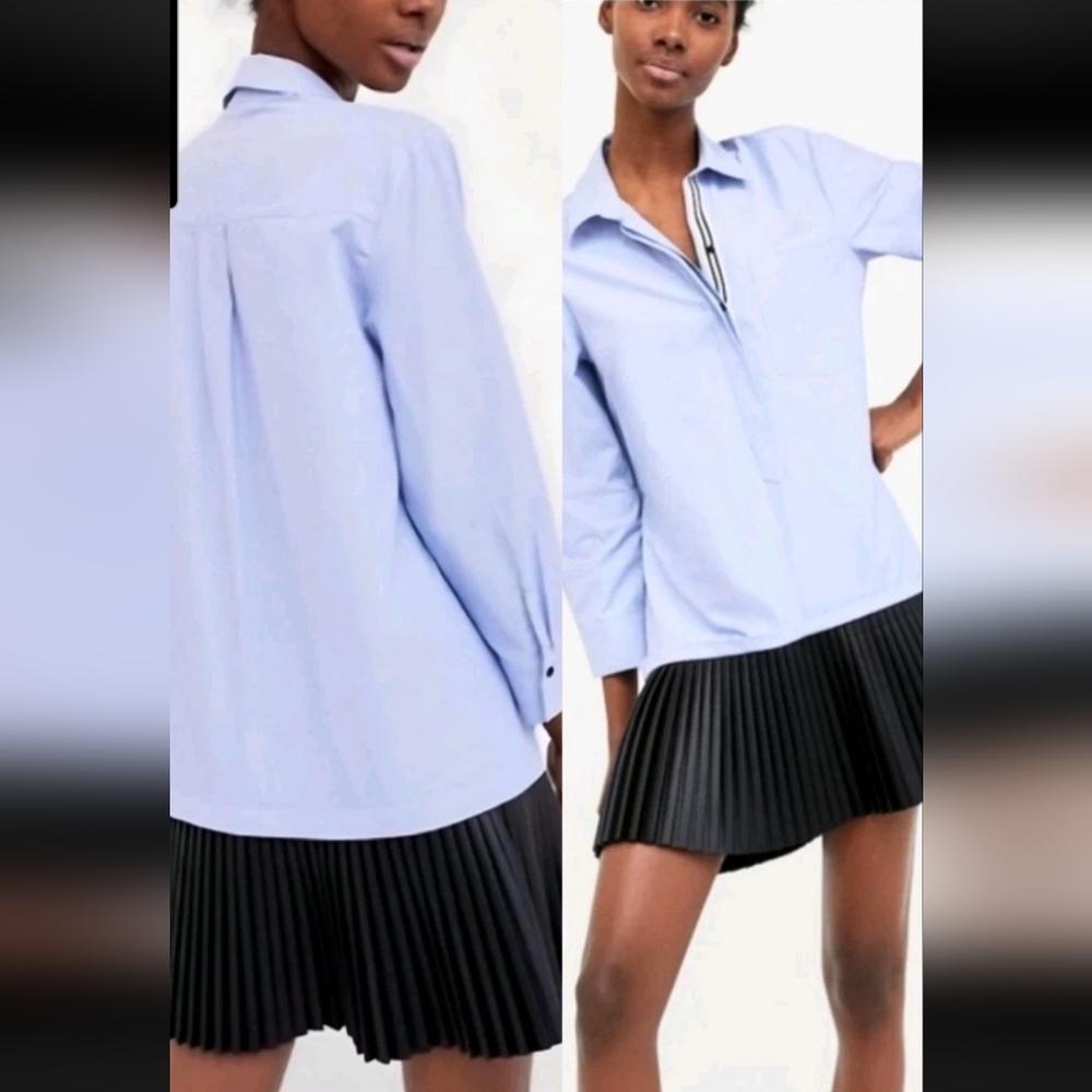 ZARA Basic Blue Pinstripe Shirt Dress Pleated Black Hem Long Sleeve